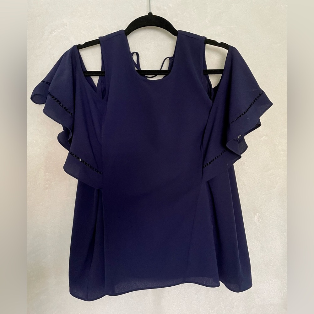 Navy Open Shoulder Flutter Sleeve Blouse
